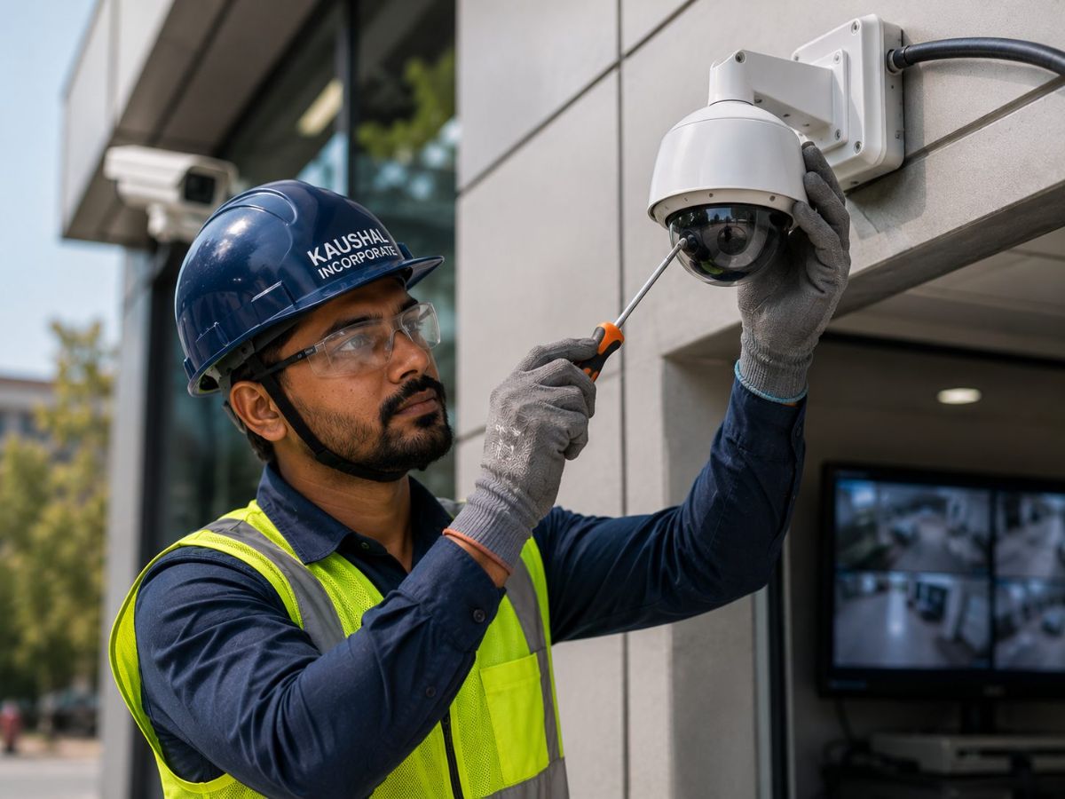 Kaushal Incorporate technician installing and aligning a dome CCTV security camera on a commercial building exterior