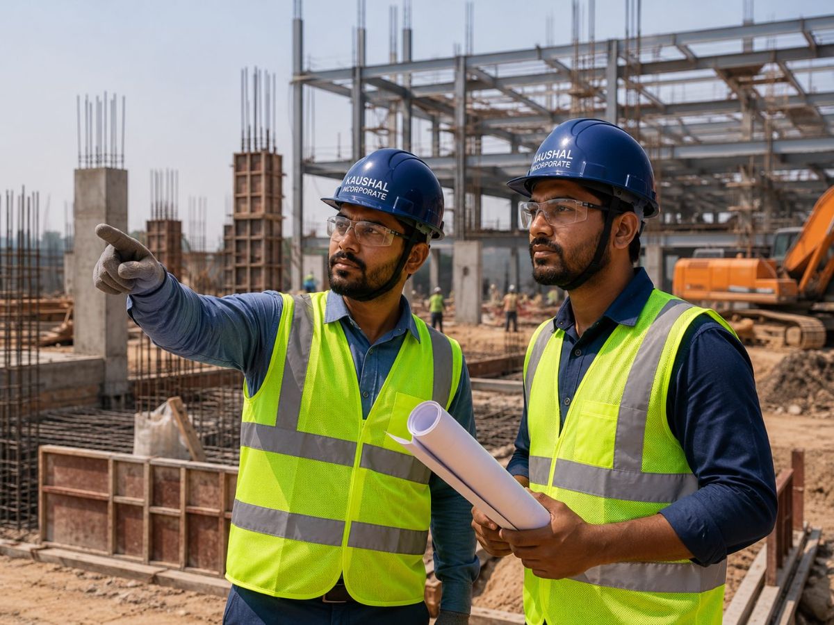 Kaushal Incorporate civil engineers reviewing drawings in front of an RCC foundation and steel-frame structure under construction
