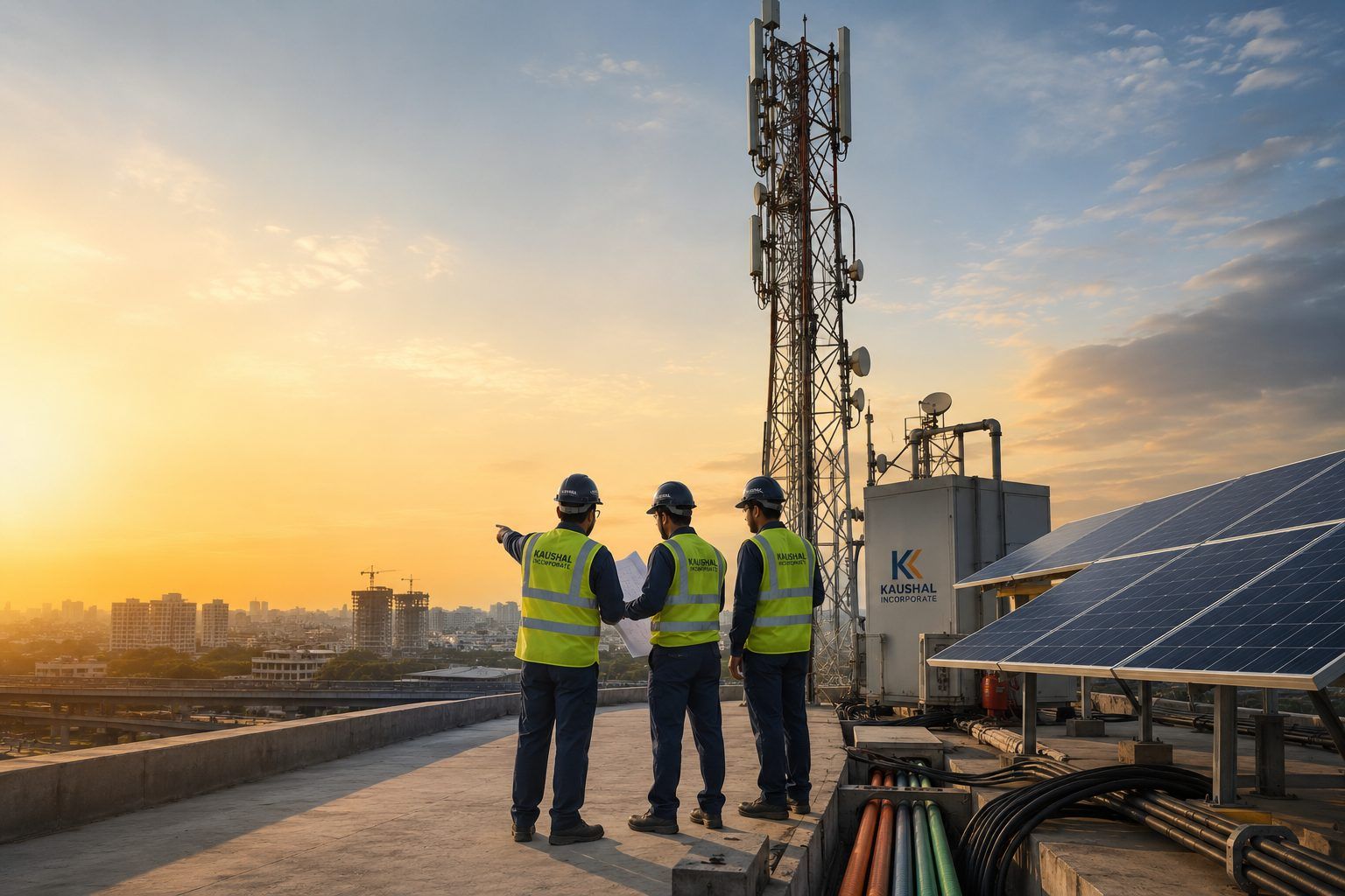 Kaushal Incorporate engineering team reviewing plans at a rooftop telecom tower and solar installation site in Bangalore at sunset