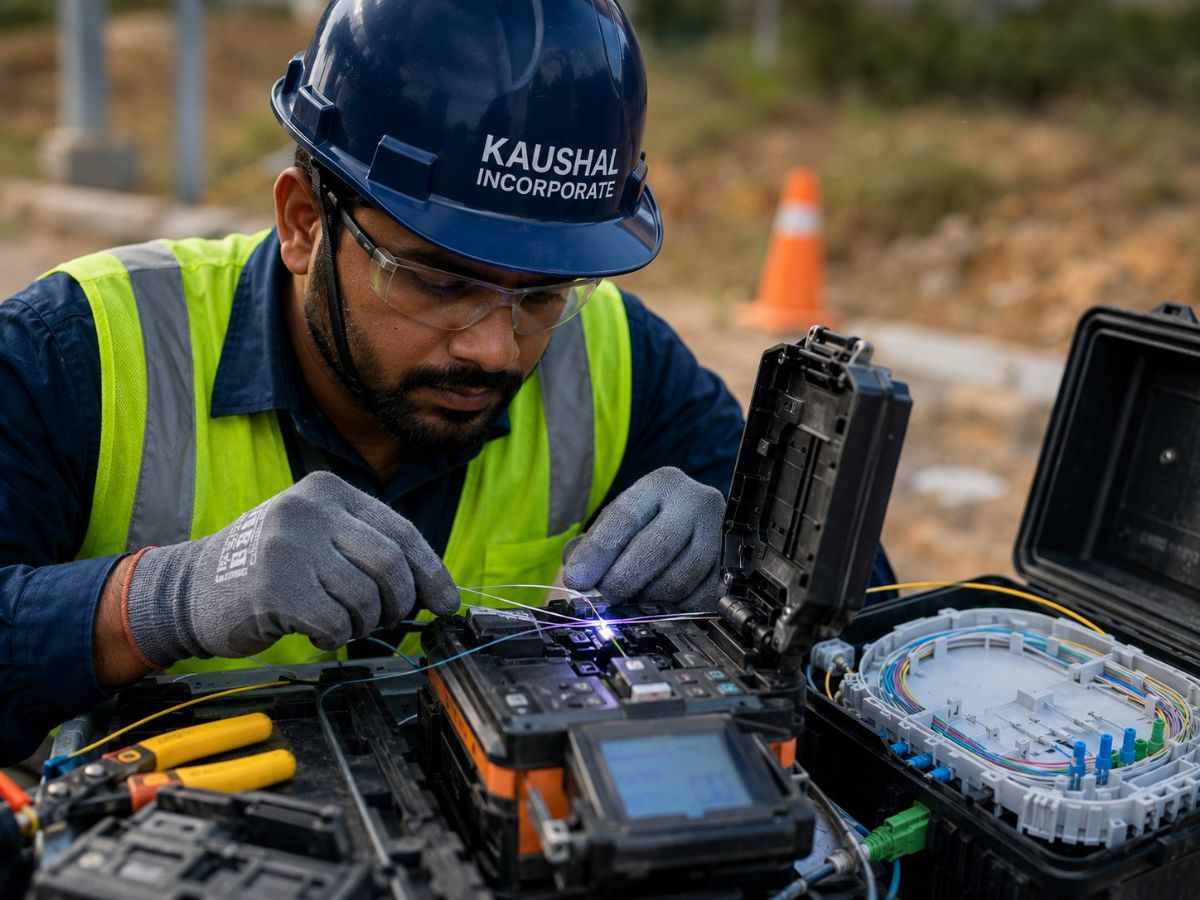 Kaushal Incorporate technician performing fiber-optic fusion splicing with a splicer and fiber tray at a field work site