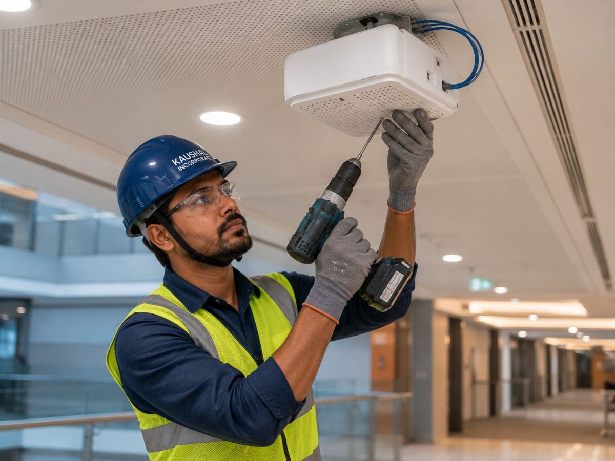 Kaushal Incorporate telecom engineer mounting a distributed antenna system (DAS) unit on the ceiling of a modern commercial building