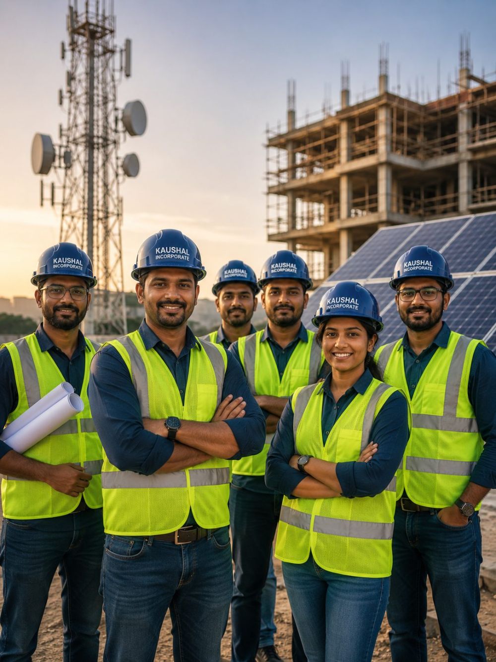 Kaushal Incorporate engineering team in branded hard hats and hi-vis vests at a telecom, solar and building construction site in Bangalore at sunset