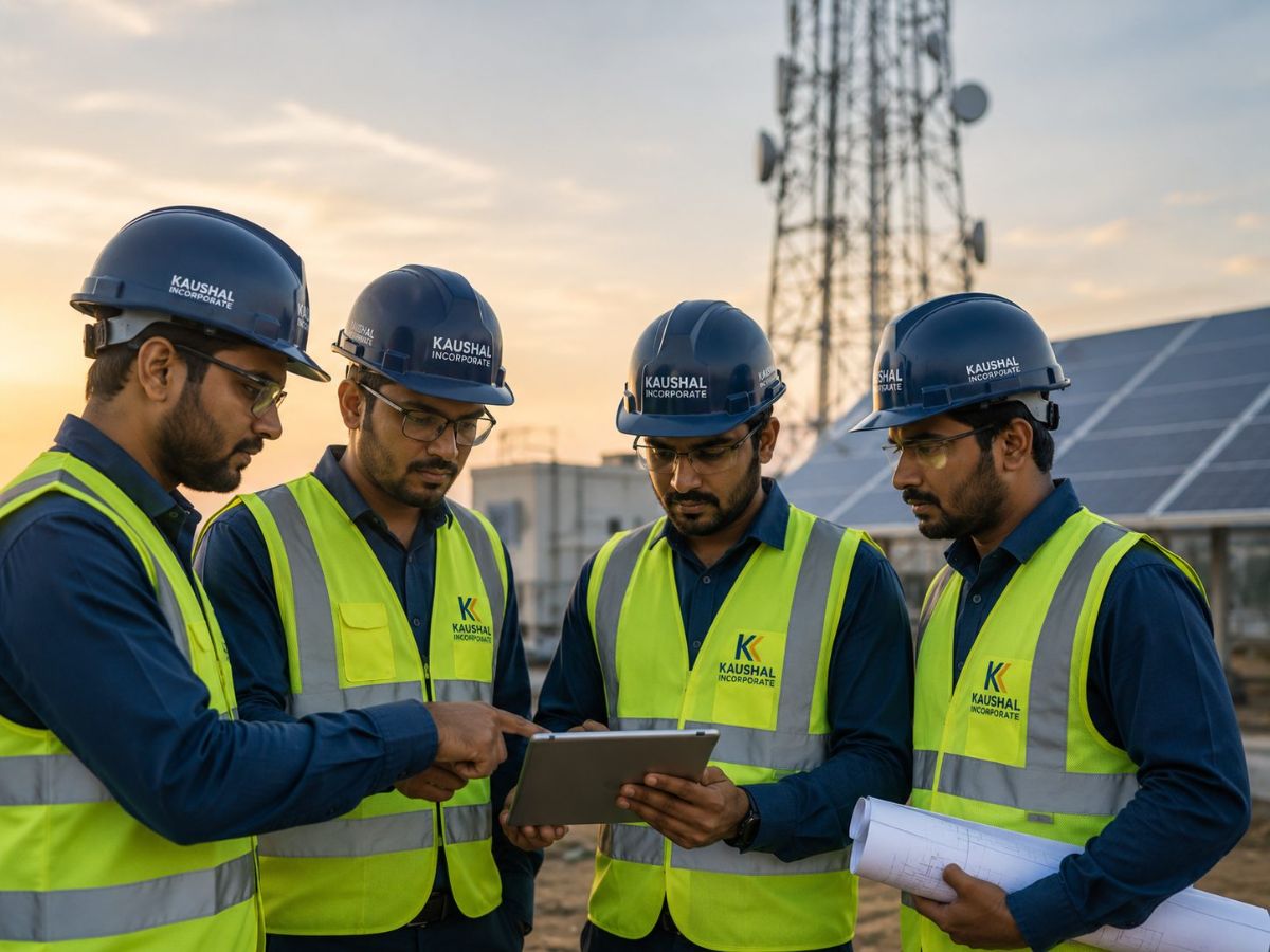 Kaushal Incorporate engineering team in branded hard hats and hi-vis vests reviewing project plans on a tablet at a telecom and solar site in Bangalore
