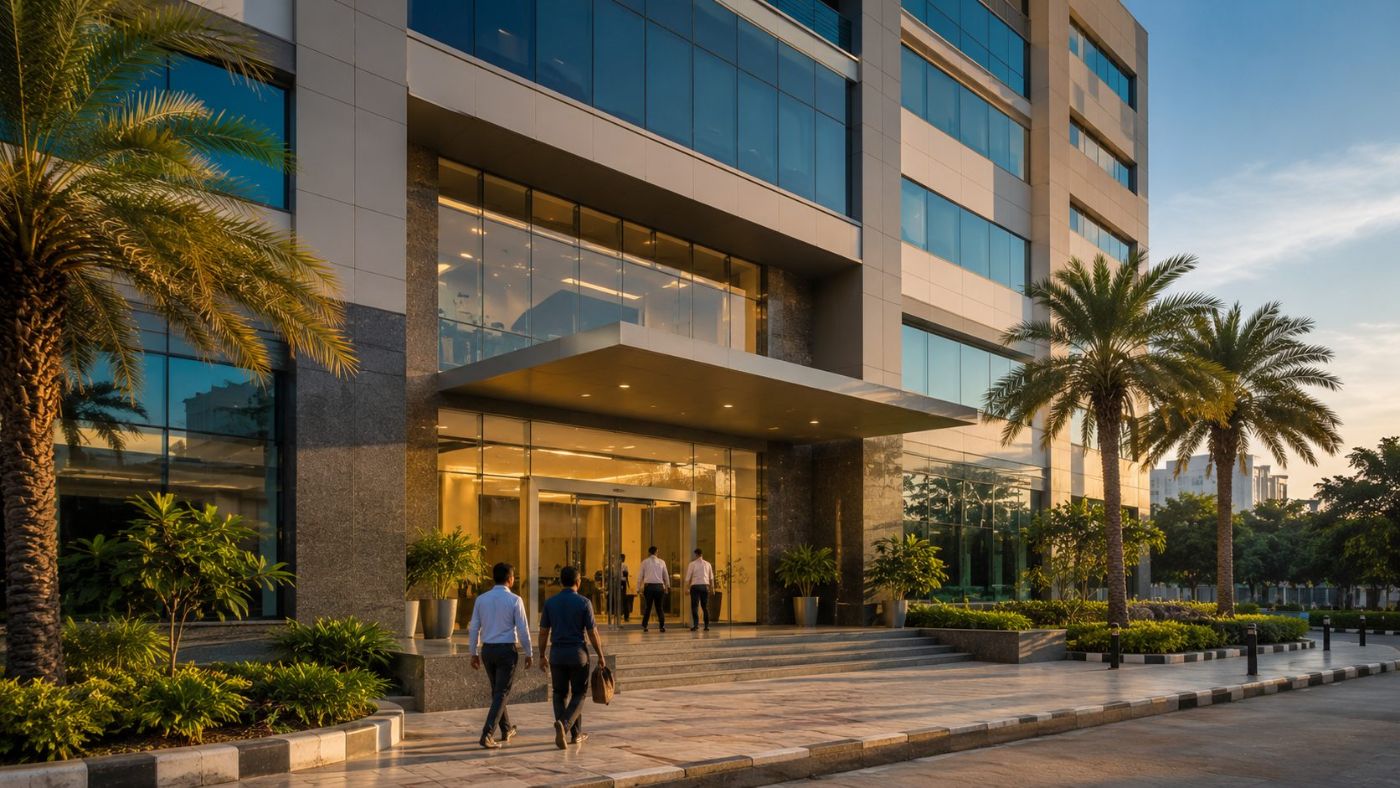 Kaushal Incorporate corporate office building entrance in Bangalore at golden hour with professionals walking in