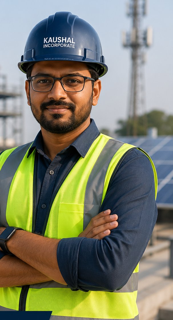 Kaushal Incorporate site engineer in branded hard hat and hi-vis safety vest with arms crossed at a telecom and solar project site