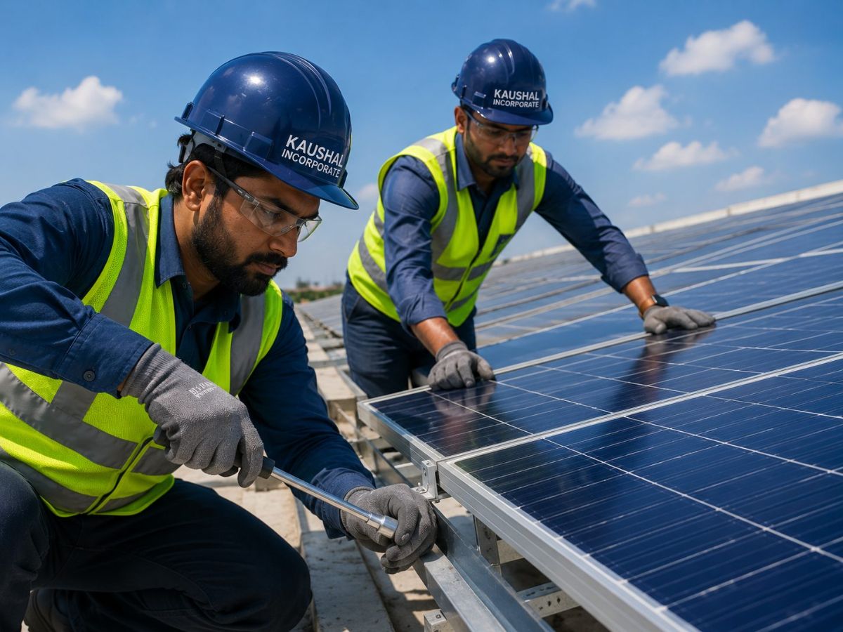 Kaushal Incorporate engineers installing and securing a rooftop solar panel array under a clear blue sky