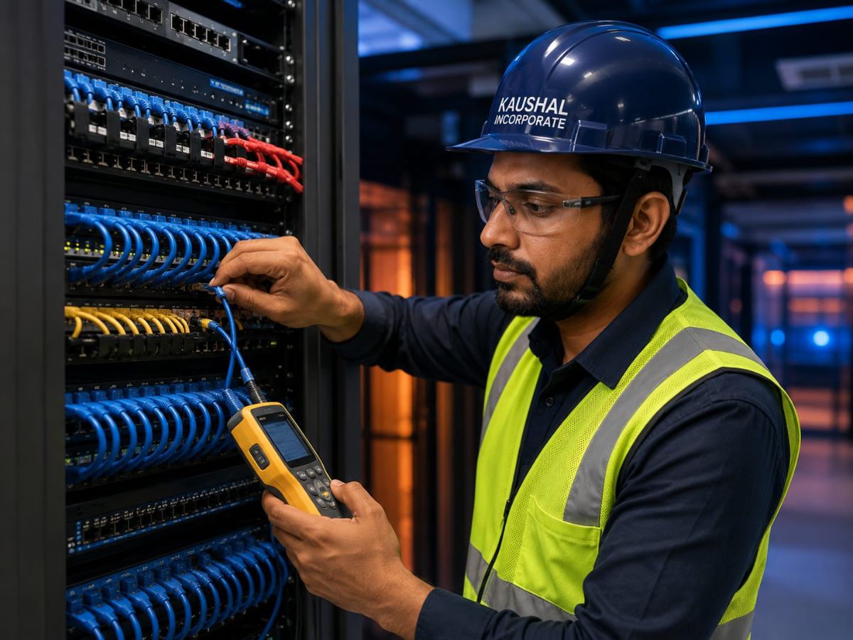 Kaushal Incorporate network technician testing structured CAT6 cabling and patch panels in a data centre server rack
